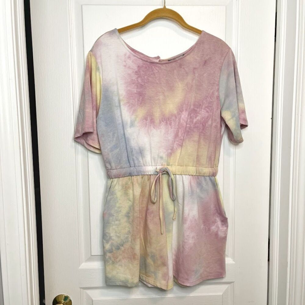 Good Luck Gem NWT One Piece Tie Dye French Terry Drawstring Waist Pocket Romper